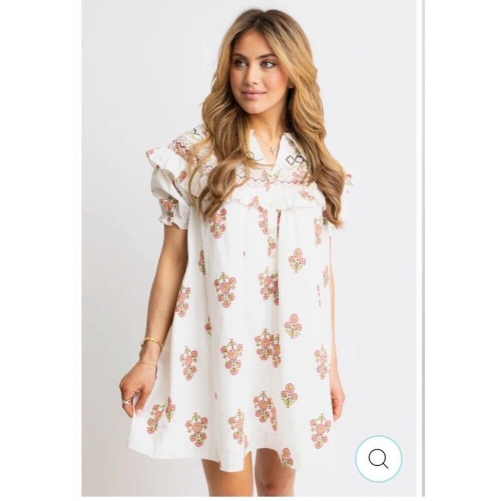 Karlie Ivory Floral Embroidered Peter Pan Mini Dress Medium Babydoll